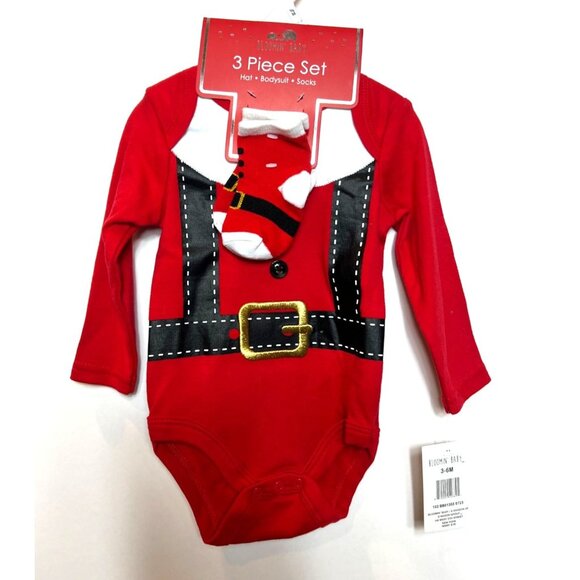 Bloomin Baby 3-Piece Santa Outfit Set Bodysuit Hat & Socks 3-6M Red/White NWT - Picture 1 of 5